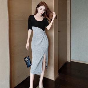 Real shooting net red summer new Hip Wrap short skirt slim stitching dress dinner dress long dress