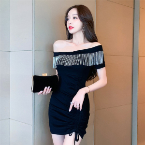 Real shooting new one-line collar closed waist thin sexy off shoulder tassel decorative hip drawstring dress women