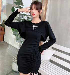 Real shooting autumn 2021 sweet long sleeve short top + slim drawstring suspender Dress Set