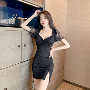 Real shooting fairy shows her figure sexy lace sleeve tight Hip Wrap Short Sleeve Dress