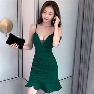 Sexy mesh stitching deep V low cut tight Hip Wrap Dress