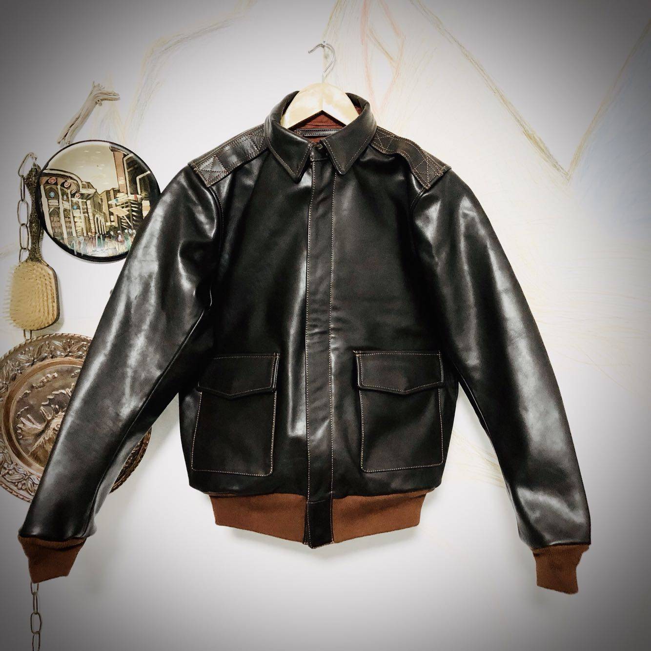 定制经典a2军事风皮夹克 飞行员皮衣 意大利马皮 阉牛皮可选皮料