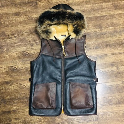 飞行员复古中款皮毛一体马甲连帽狼毛皮草坎肩男女定制阔版皮衣