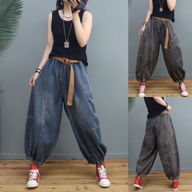 棉麻女装的优惠券大全—休闲松紧腰牛仔灯笼裤女2021春夏新款宽松大码