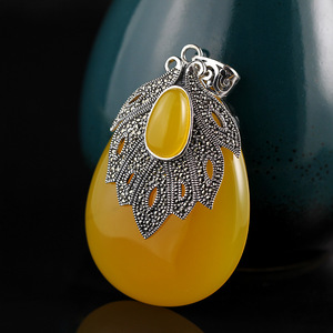 复古民族风s925纯银泰银黄玉髓玛瑙水滴形凤尾花女士毛衣项链吊坠