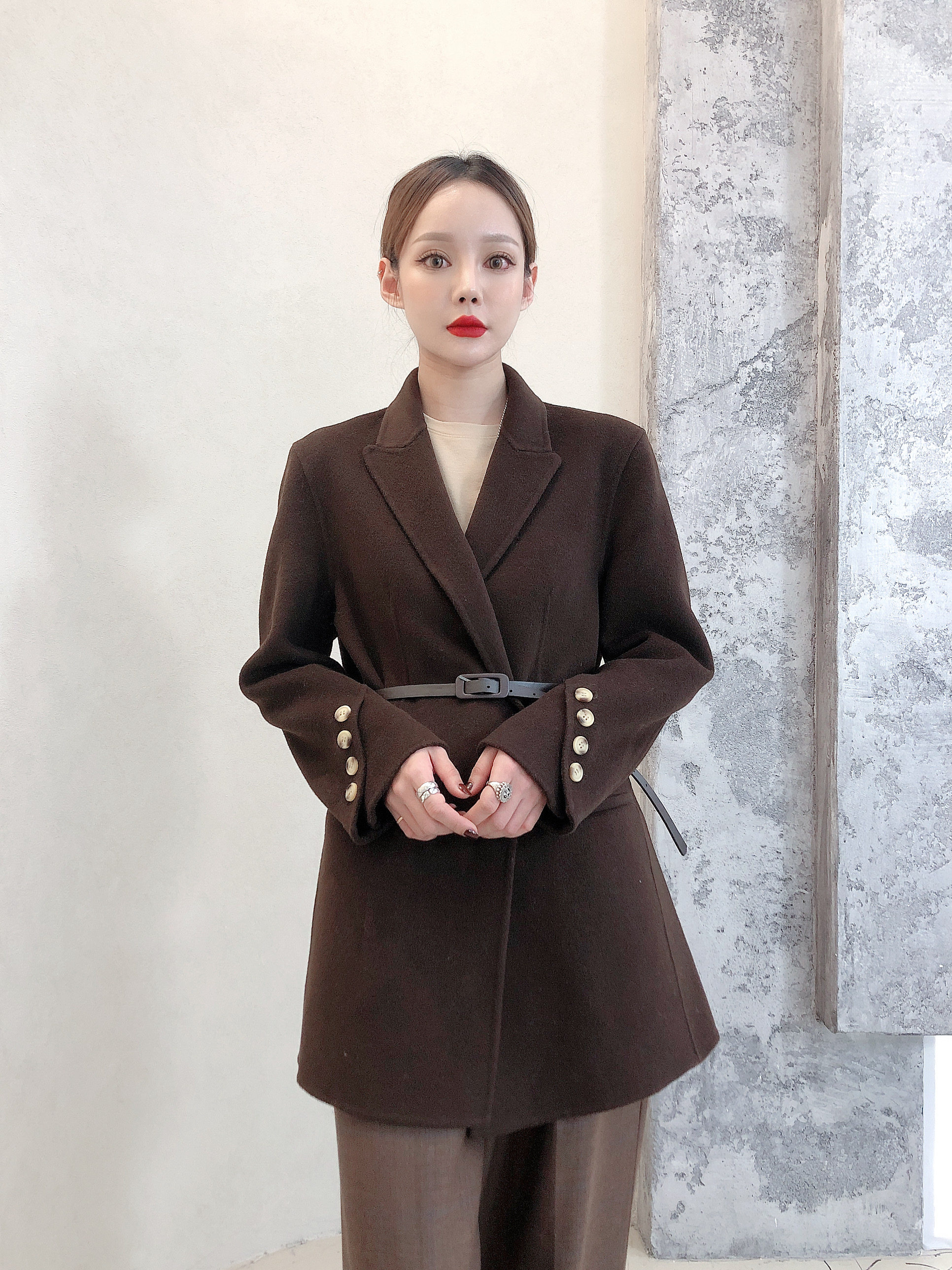 欧洲站2021秋季新款开衩垫肩羊绒中长款澳毛双面毛呢大衣外套女