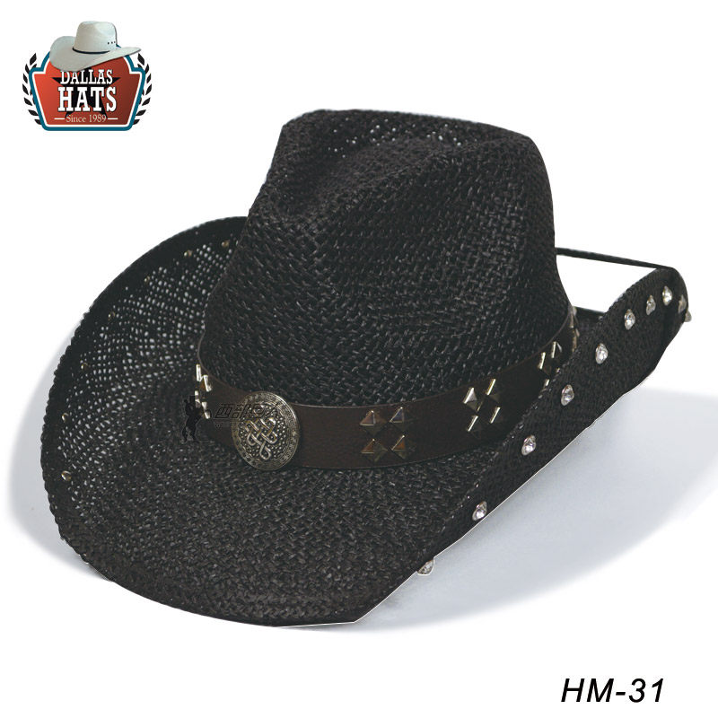 进口dallas经典西部牛仔帽 黑银钉草编马帽 西部马术帽子巨人优惠券