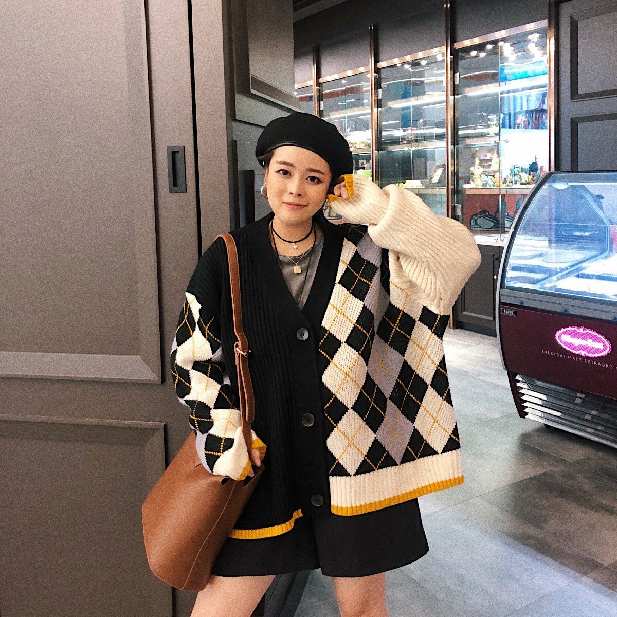 格子毛衣v领女宽松 韩版大额优惠券