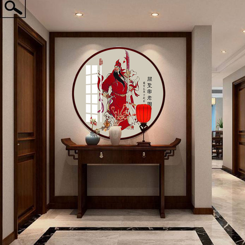武财神关公像画像关帝关羽神像客厅玄关装饰画关二爷新中式圆形挂