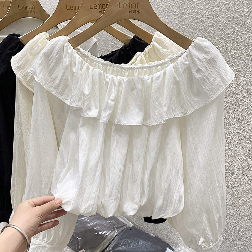 法式chic一字肩上衣女夏高级感设计感小众白色短款荷叶边雪纺衬衫