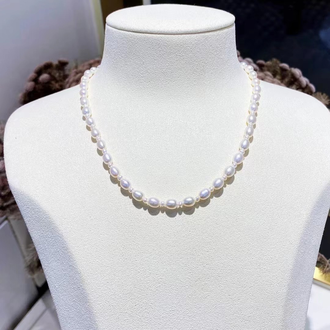 天然淡水珍珠全珠项链6毫米米粒椭圆形珍珠项链