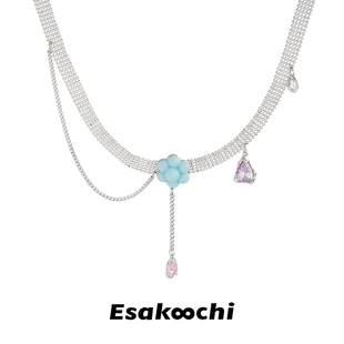 Esakoochi蓝色小fafa~原创设计甜美气质流苏花朵项链圆珠链颈链