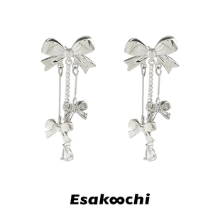 Esakoochi原创设计蝴蝶结流苏长款耳环气质甜美少女灵动耳饰