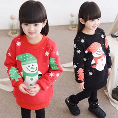 童装韩版女童2016新款冬季保暖卫衣套头雪花小雪人加绒加厚休闲绒
