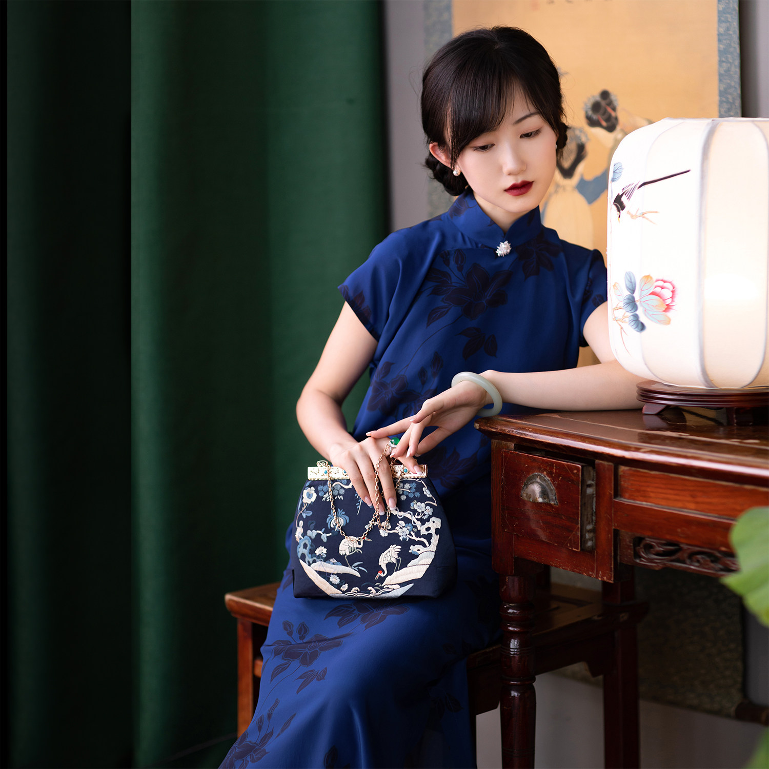 黛色花丨春夏秋款民国风复古连衣裙真丝桑蚕丝印花中长款旗袍显瘦