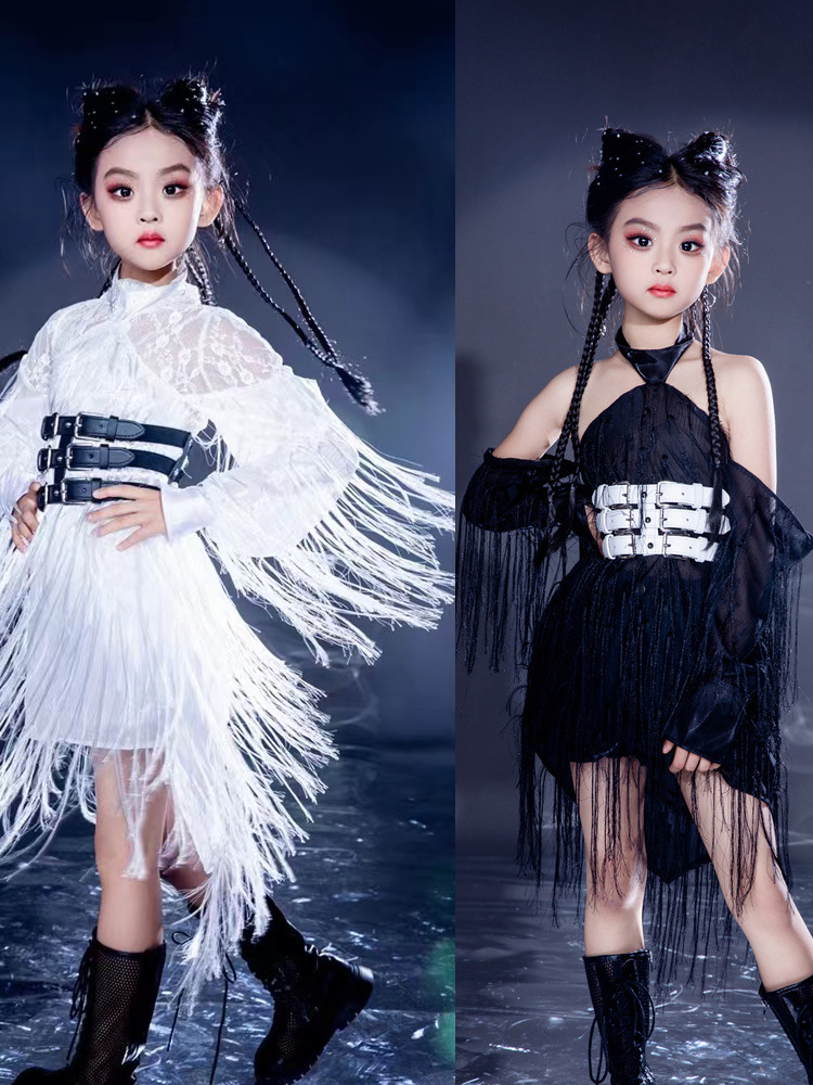 女童礼服T台走秀模特大赛黑白流苏潮服套装儿童追风少年舞蹈演出