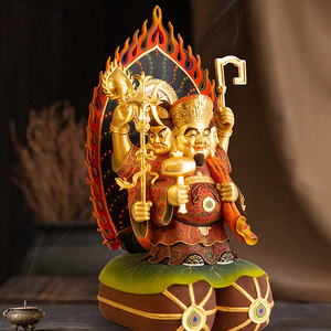 修明堂 香樟木泥金绘彩密宗大黑天三面财神家居店铺佛像财神摆件