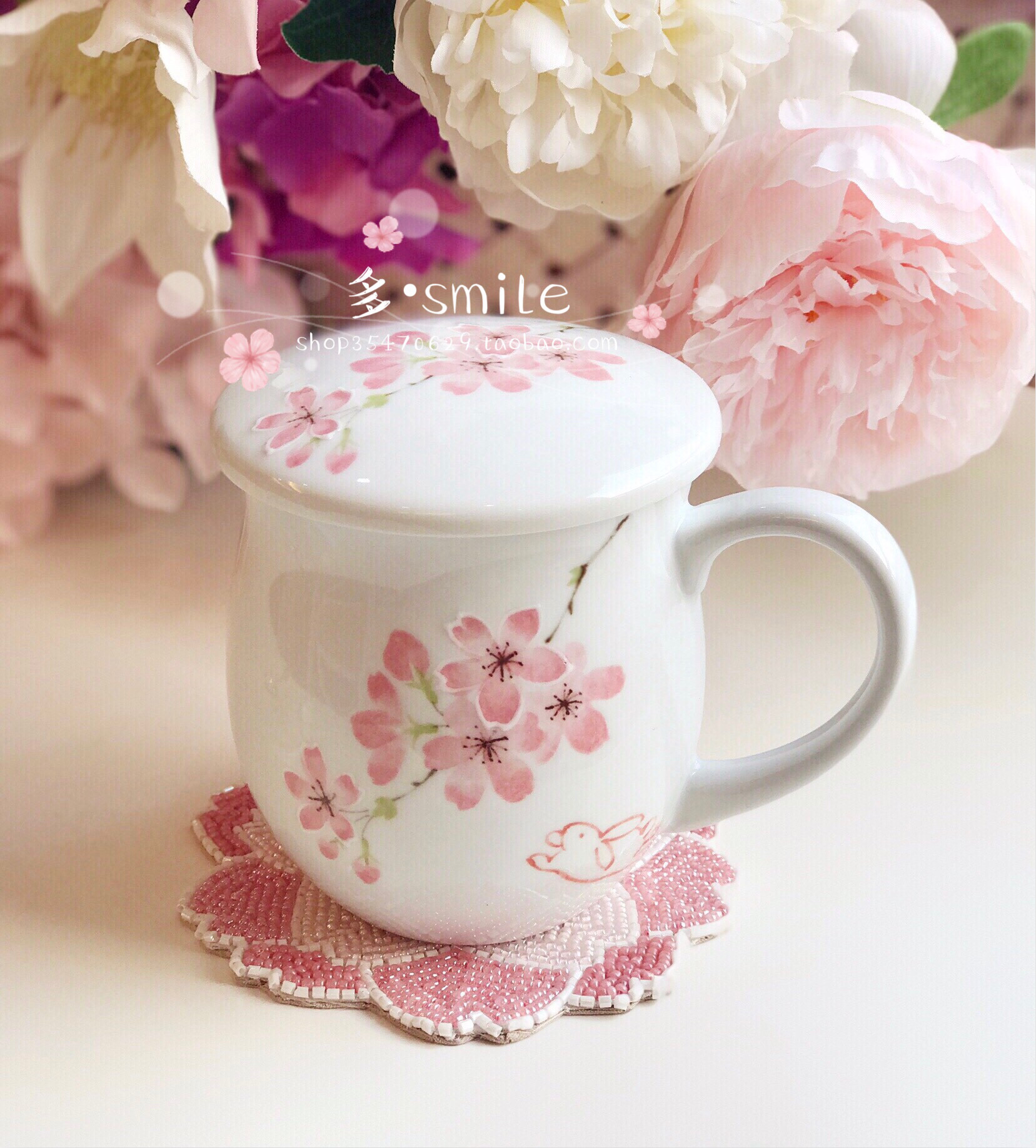 现货日本进口有田烧陶瓷樱花兔子带盖马克杯水杯杯子樱花杯杯附附