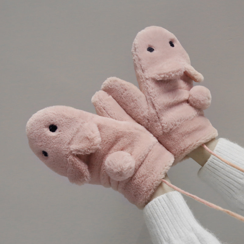 挂脖毛毛手套_清仓 冬天骑车防寒加绒可爱学生兔子手套毛毛绒软妹挂脖
