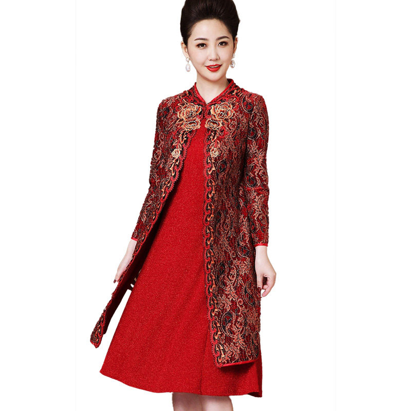 嫁女儿妈妈装礼服秋冬洋气婚礼两件套连衣裙婚庆喜婆婆婚宴套装裙