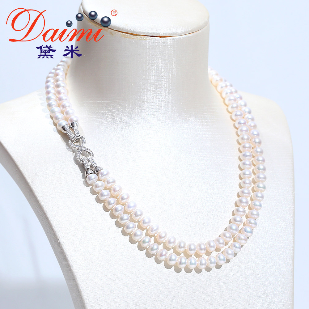 黛米珠宝 念双 7-8mm近圆强光白色淡水珍珠项链双层中长款毛衣链