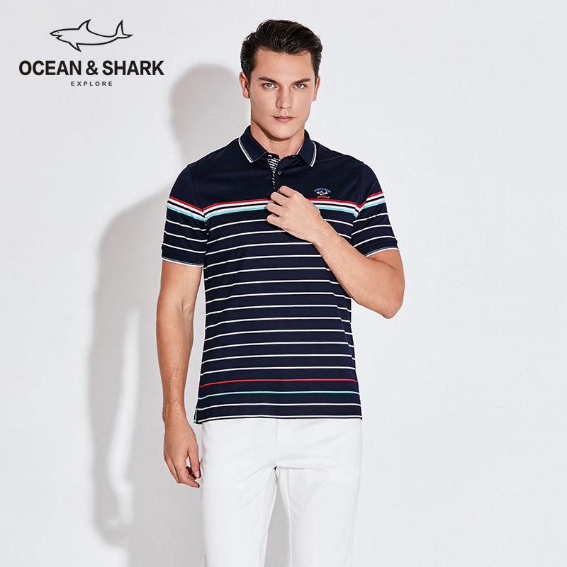 古老鲨鱼春夏新款男士丝光棉短袖polo衫翻领撞色纯棉条纹t恤