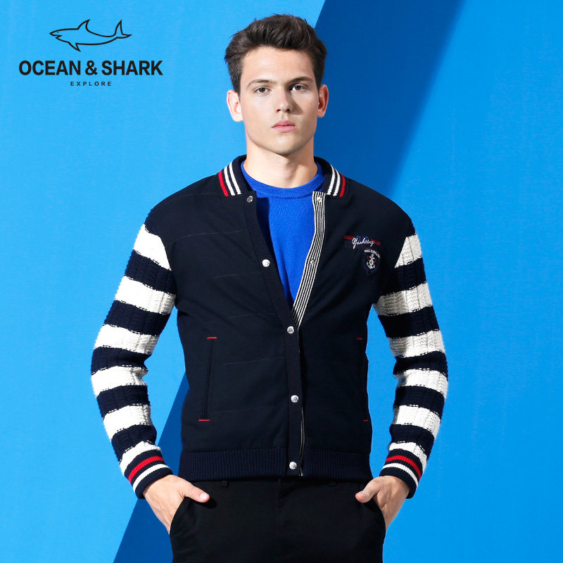 古老鲨鱼秋新品男士商务休闲立领毛衣条纹袖拼接开衫长袖针织上衣