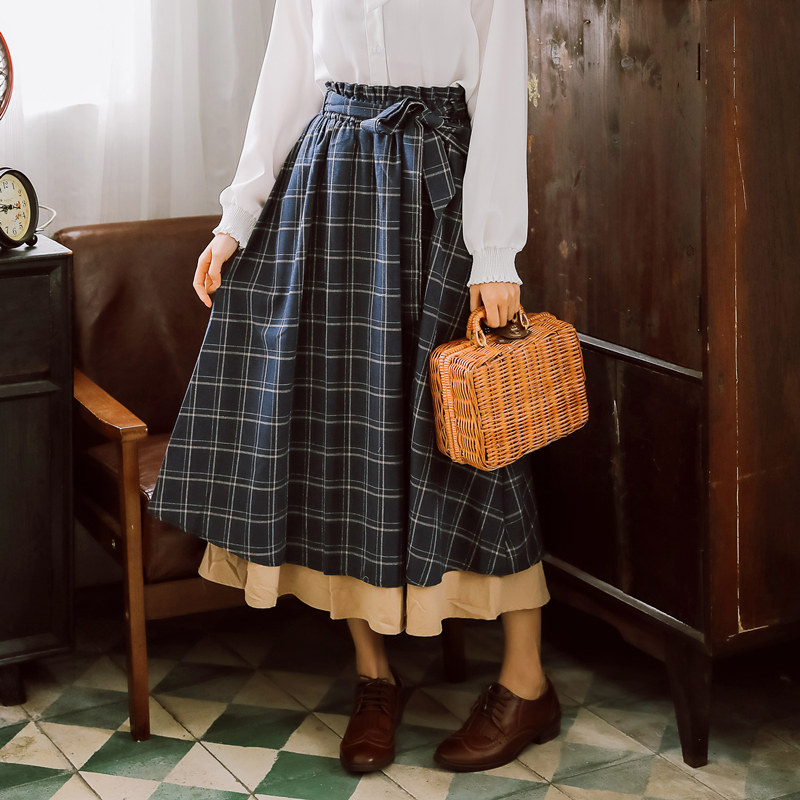 长裙女夏学生半身裙_春装日系文艺女装森系复古格子学生森女裙子女