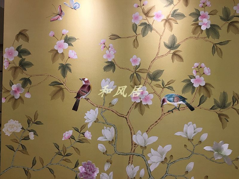 一折刺绣墙布_真丝新款刺绣书房手绘手绣墙纸壁布中式欧式工笔花鸟