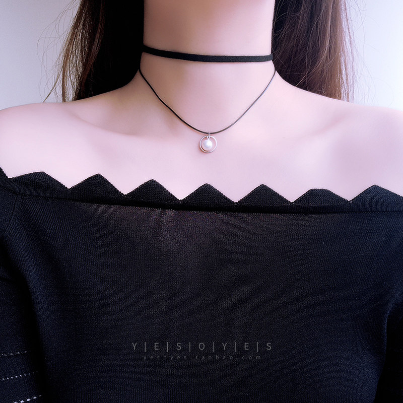 黑色项链女chocker颈链六芒星花边颈带日韩版锁骨链925纯银项圈