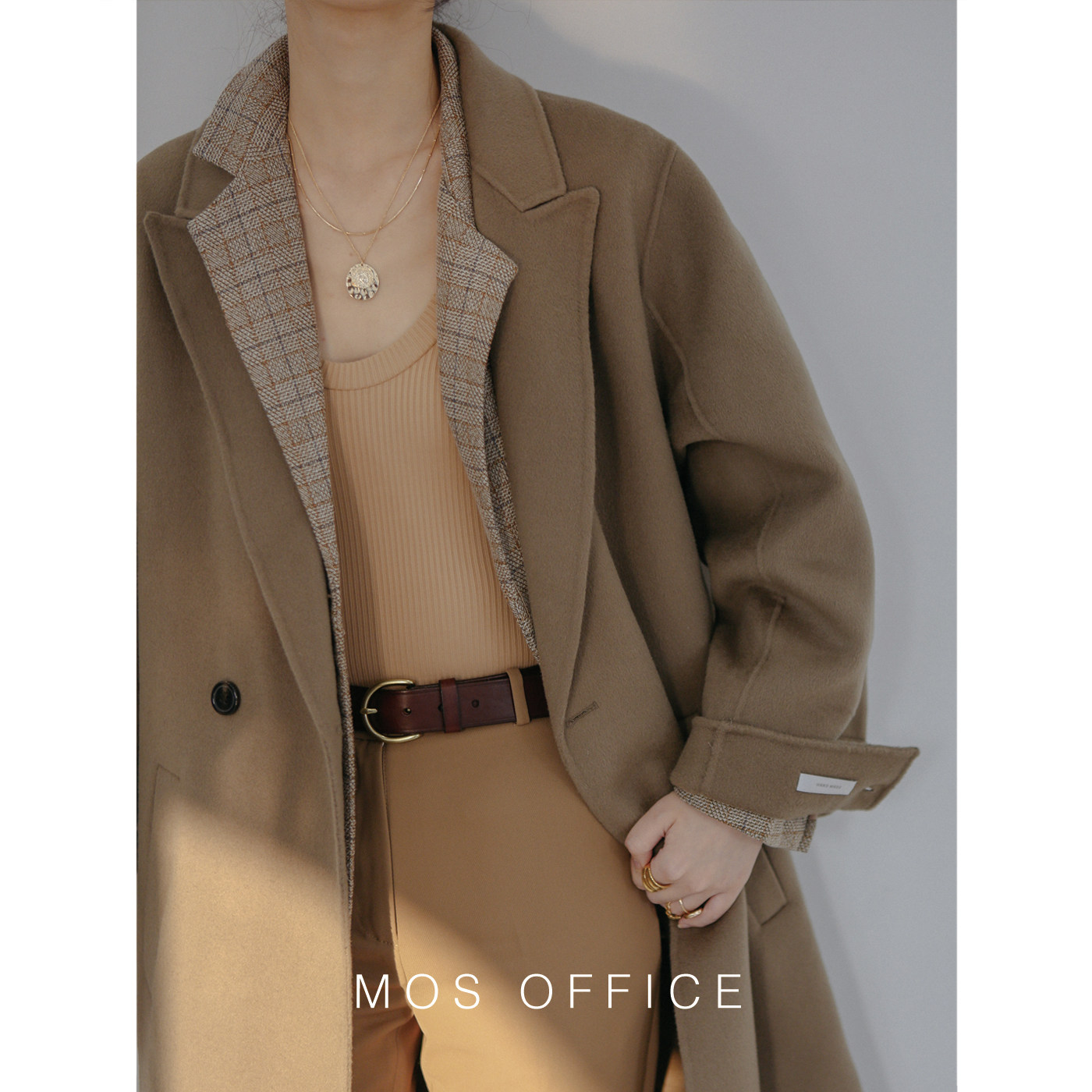 特价棕色毛呢大衣女_mos事务所 纯羊毛手缝冷棕色复古双面呢廓形大衣