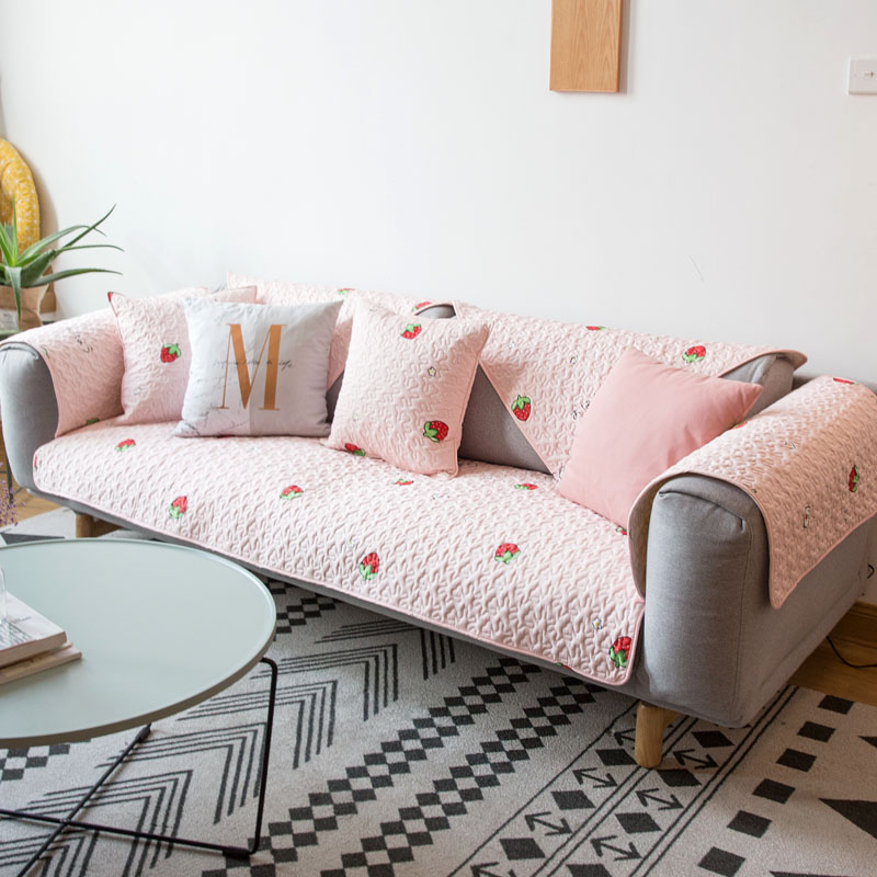 莫耐河 草莓甜心粉色亲肤布艺沙发垫透气防滑坐垫四季沙发巾套罩