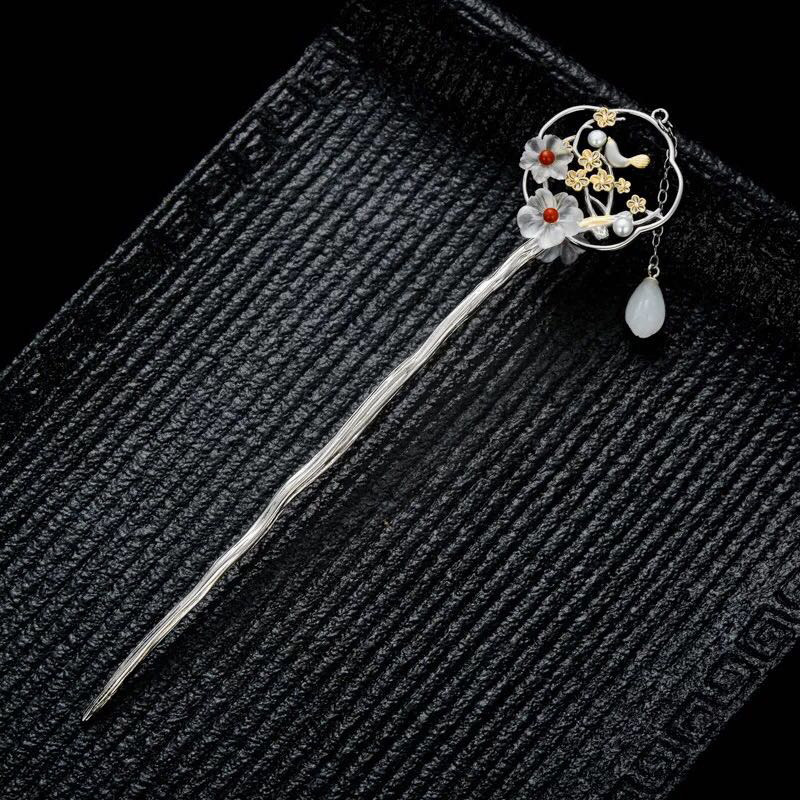 亦吾s925纯银嵌水晶梅花发簪古风和田玉流苏桃花簪子汉服配饰特惠