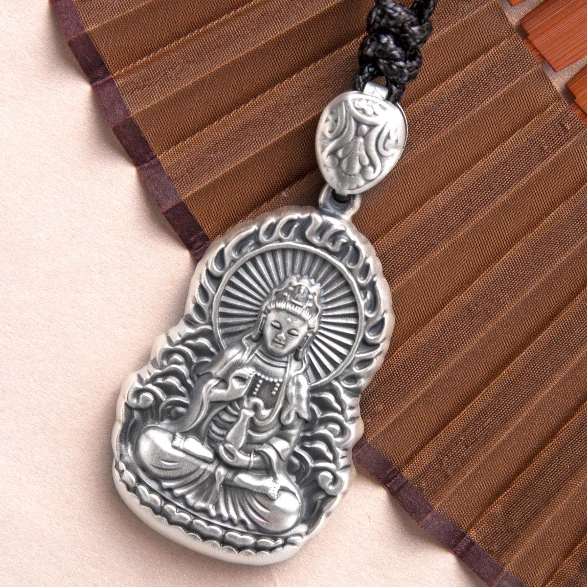 火焰观音菩萨吊坠足银 999纯银复古项坠男女款项链挂件毛衣链银饰