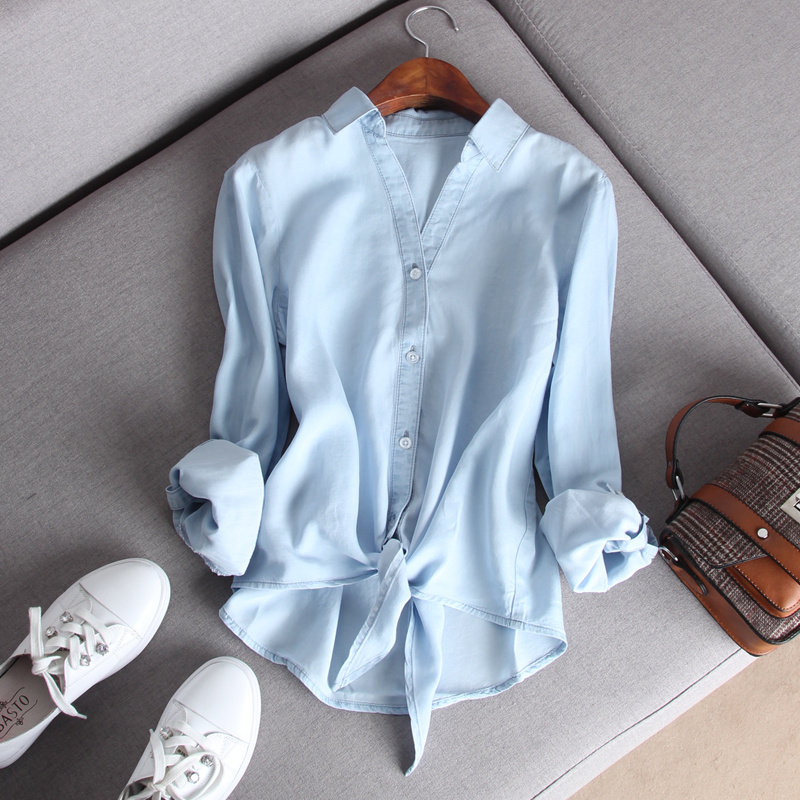 热销下天衣服_2020春季款清新宜人文艺天蓝色下摆系带设计款天丝衬衫