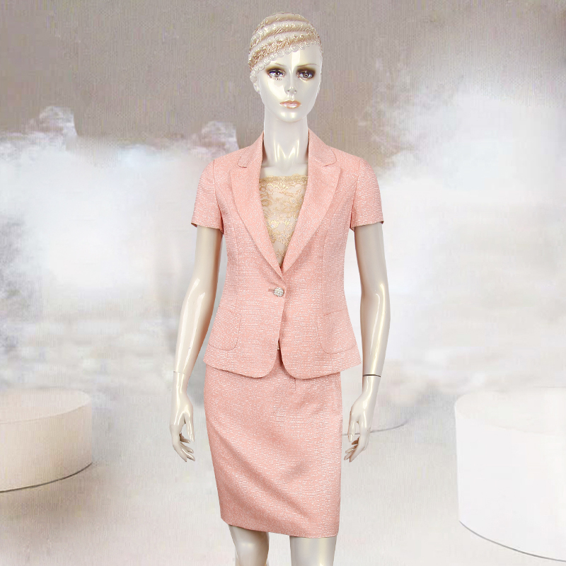 香港名师路新款夏装名媛淑女风格压纹芙蓉粉色桔色2件套短袖套装