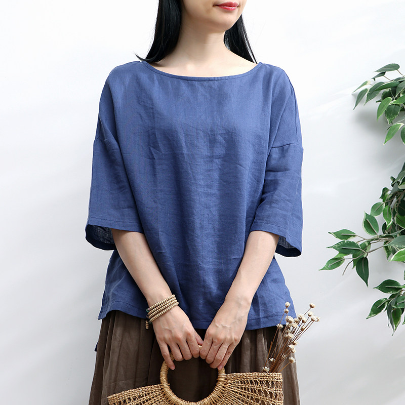 春夏季中袖亚麻上衣女新款高端棉麻女装宽松大码苎麻小衫文艺复古