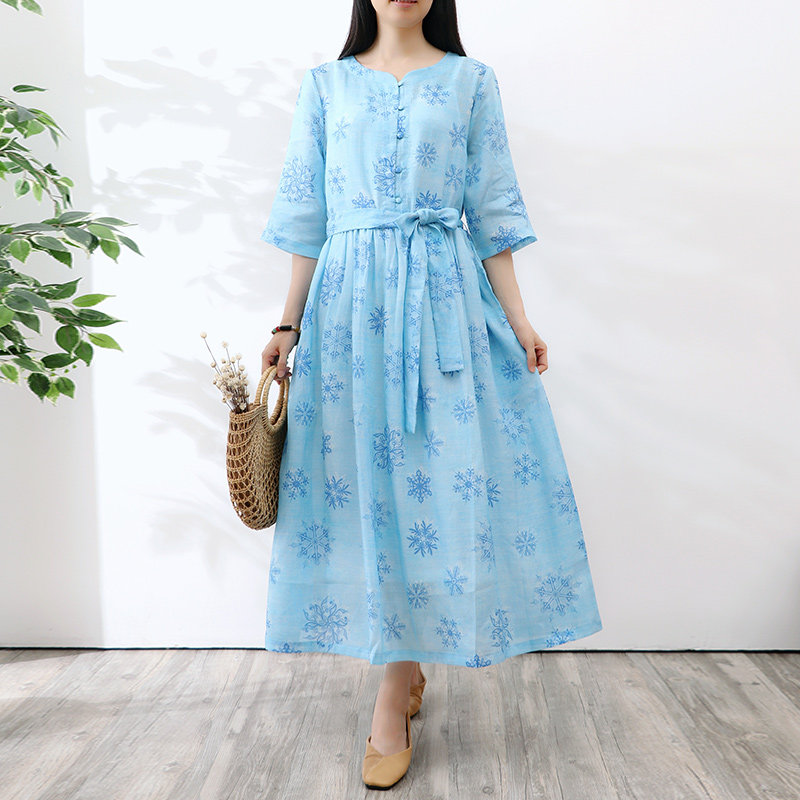 棉麻连衣裙夏亚麻复古裙优惠券爱比价妈妈