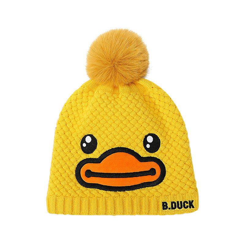 bduck小黄鸭儿童帽子秋冬季针织护耳套头帽潮男女宝宝超萌毛线帽