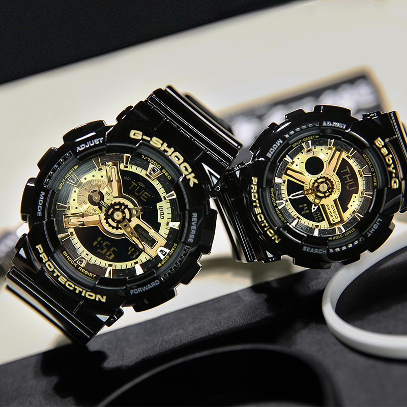 卡西欧G-SHOCK/BABYG GA-110GB/BA120黑金运动男女情侣手表火烈鸟