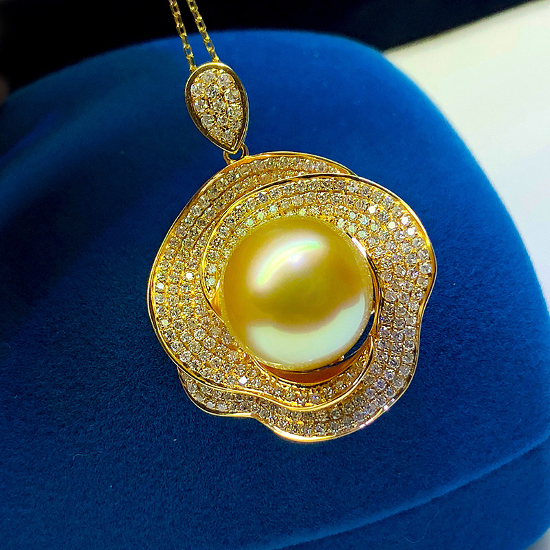 豪镶浓金南洋金珠吊坠18k南阳海水珍珠项链坠子15mm大颗强光正圆