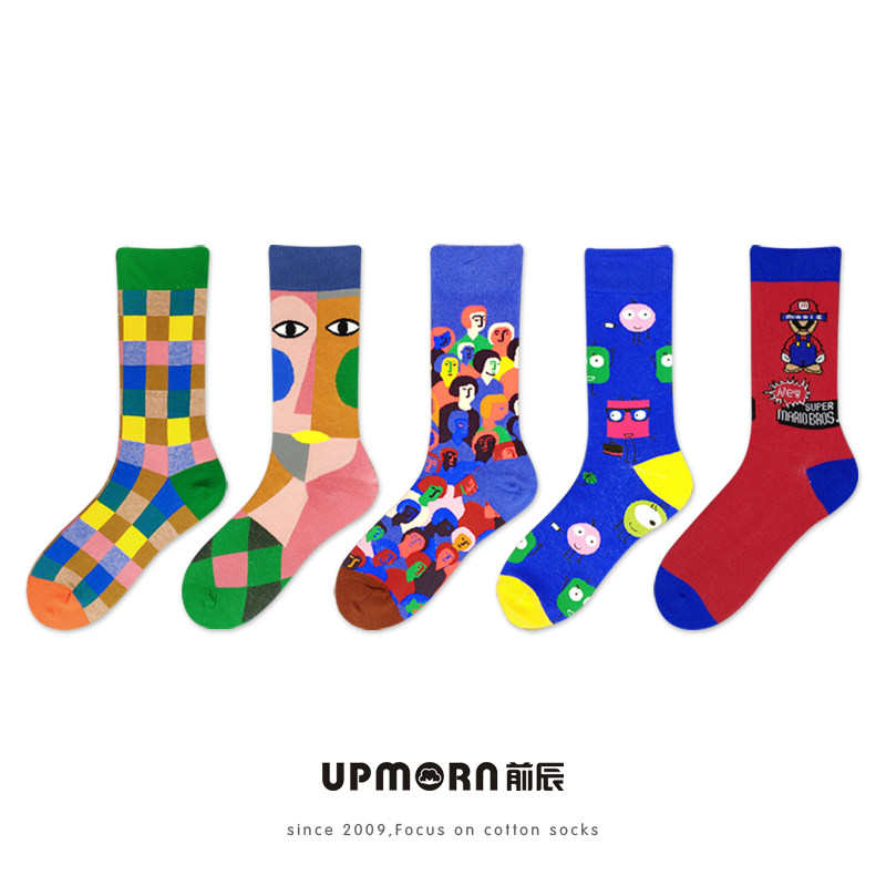 文艺民族风毛线袜潮靴袜纯棉厚长袜粗线女袜复古彩色中筒花袜子男