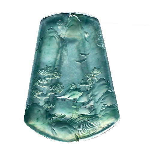 林佳裕大师作品 老坑起胶飘花精雕山水牌,天然a货翡翠