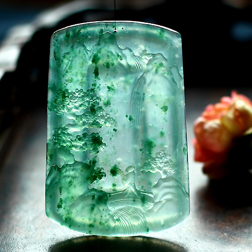 林佳裕大师作品 木那飘翠山水牌,天然a货翡翠33.98克