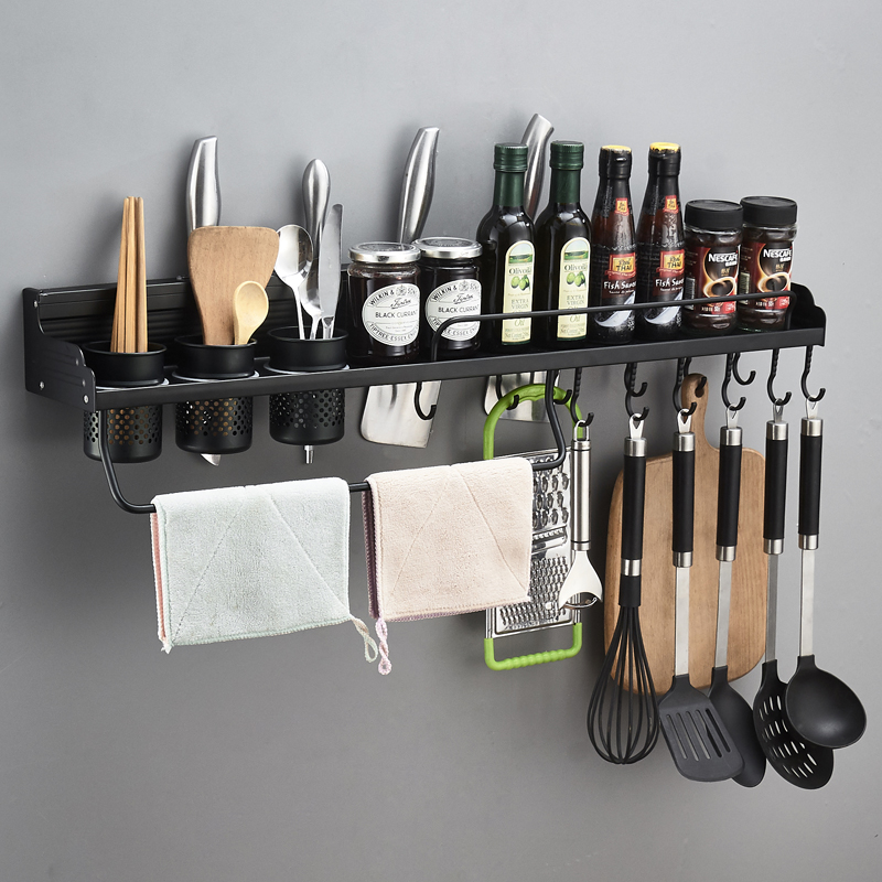 黑色厨房置物架太空铝刀架调味架壁挂式收纳架厨具用品架免打孔