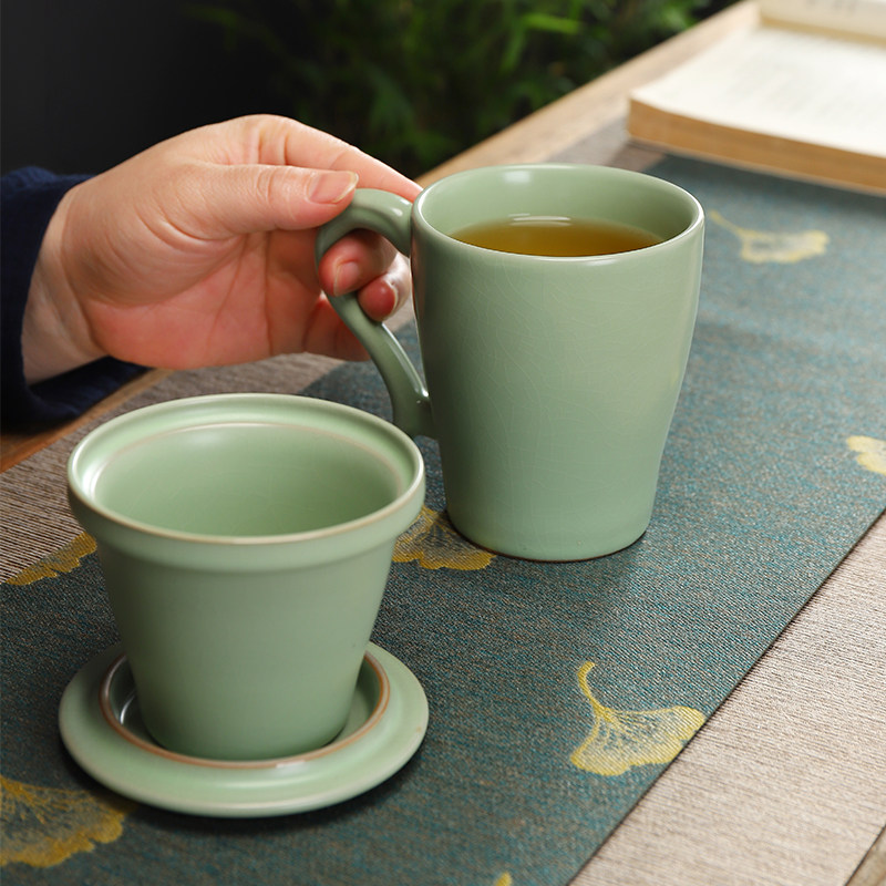 汝窑办公室水杯子男女陶瓷家用泡茶水杯过滤带盖喝茶杯老板杯定制