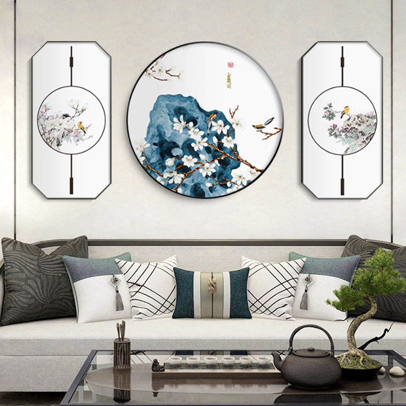 新中式客厅山水装饰画沙发背景墙背有靠山圆形三联挂画中国风壁画