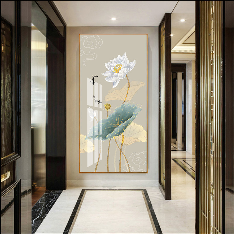 走廊过道竖版装饰画新中式玄关挂画壁画荷花莲花进门客厅玄幻生财