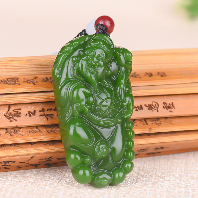 新疆和田玉财神吊坠男女款菠菜绿碧玉如意财神爷玉坠招财进宝挂件