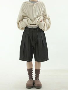 韩国代购23A/W two tuck stitch denim banding shorts牛仔短裤女